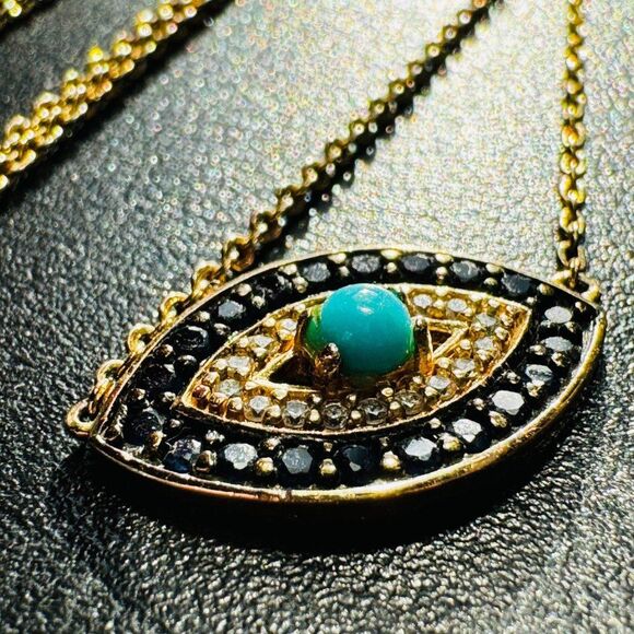 Evil Eye Link Pendant Blue & Clear Rhinestones over Gold Plated Necklace 16-19" - Picture 3 of 10